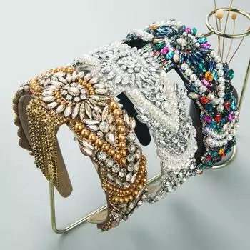 Женская повязка для волос с широкими краями, барочные хрустальные цветы, жемчужные кисточки, повязка на голову с шампунем, милый обруч для волос, головной убор из губки OneSize белый