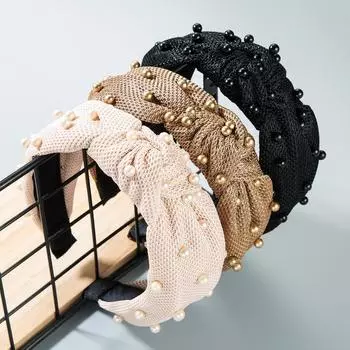 Женская повязка для волос с жемчугом и бархатным бантом, повязка на голову с широкими краями, сетчатый головной убор OneSize чёрный