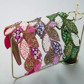 Женская повязка для волос со стразами и жемчужными листьями, повязка на голову в стиле барокко, увеличенная широкая боковая повязка, преувеличенные аксессуары для волос OneSize белый