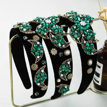 Женская повязка для волос, стеклянная повязка на голову с тяжелыми технологиями, винтажная бархатная повязка с широкими краями в стиле барокко, головные уборы с водными битами OneSize