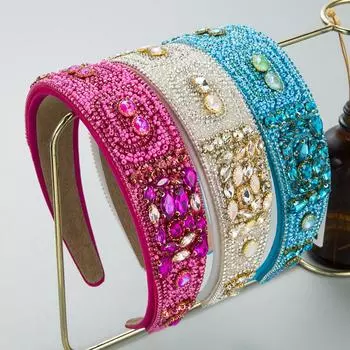 Женская повязка для волос, супер блестящий обруч для волос, рисовая бусина, драгоценный камень, вечерние аксессуары для волос OneSize синий