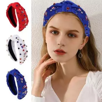 Женская повязка на голову 4 июля, красный, белый, синий, узел, бисерный обруч для волос с американским флагом, аксессуары ко Дню независимости красный