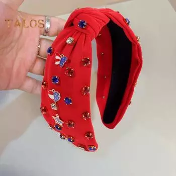 Женская повязка на голову 4 июля, красный, белый, синий, узел, бисерный обруч для волос с американским флагом, аксессуары ко Дню независимости красный