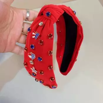Женская повязка на голову 4 июля с красным, белым, синим узлом, обруч для волос с бисером красный