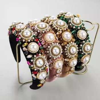 Женская повязка на голову для тяжелой промышленности с жемчужным стеклом и кристаллами, высококачественная повязка на голову из флиса с широким краем, высокое украшение для волос OneSize зелёный