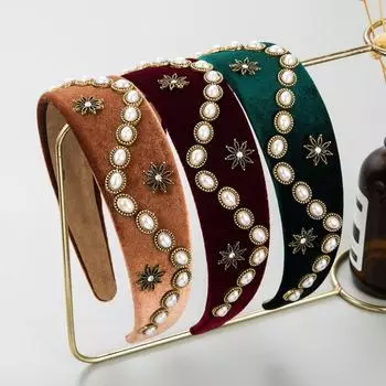 Женская повязка на голову из бархатной ткани со стразами, завитая в стиле ретро, обруч для волос с широким краем, повязка на голову