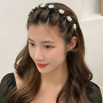Женская повязка на голову с блестящими стразами, искусственный жемчуг, цветочный декор, нескользящая эластичная двухслойная челка, заколки для волос чёрный