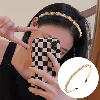 Женская повязка на голову с искусственными хрустальными бусинами, эластичный нескользящий обруч для волос, легкая повязка на голову с тонкими краями, аксессуары для волос чёрный