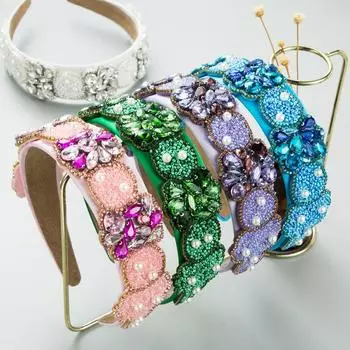 Женская повязка на голову с широким краем, жемчужным стеклом и кристаллами, байковая повязка на голову для шампуня, милый обруч для волос, красочный головной убор OneSize розовый