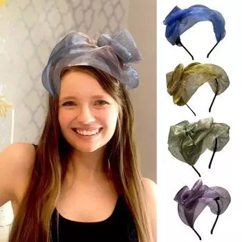 Женская повязка на голову с тонким бантом из сетчатой пряжи, декоративная легкая повязка для волос, яркие цвета, широкая серый/зелёный