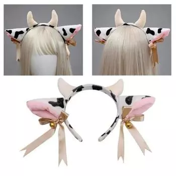 Женская повязка на голову с ушками молочной коровы и бантом, лента, колокольчик, декор, гибкий легкий головной убор ручной работы, аксессуар для костюма