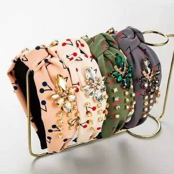 Женская повязка на голову с вишневым принтом, свежая милая повязка на голову с широкими краями и кристаллами, стильный универсальный головной убор One Size зелёный