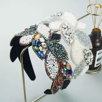 Женская повязка на голову со стразами и жемчужными листьями, повязка на голову в стиле барокко, преувеличенный широкий обруч для волос OneSize белый