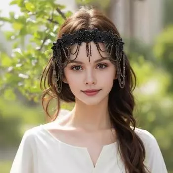 Женская повязка на голову со стразами в форме цветка, цепочка с кисточками, ободок для волос с бусинами, украшение для свадебных волос, аксессуар для волос белый