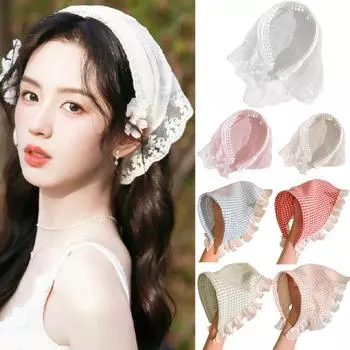 Женская повязка на голову в клетку с кружевным принтом, треугольный шарф, нескользящая повязка на голову в пасторальном стиле, обруч для волос, аксессуар для волос синий