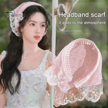 Женская повязка на голову в клетку с кружевным принтом, треугольный шарф, нескользящая повязка на голову в пасторальном стиле, обруч для волос, аксессуар для волос синий