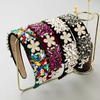 Женская повязка на голову в стиле барокко, тяжелая промышленность, украшение для волос, супер вспышка, стекло, кристалл, цветок, роскошный головной убор высокого качества OneSize чёрный