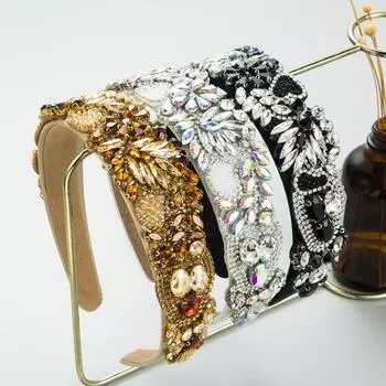 Женская повязка на голову в стиле барокко, винтажная повязка на голову с цветком и кристаллами, тканевые аксессуары для волос с широким краем OneSize кофейный