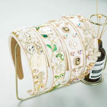 Женская повязка на голову в стиле барокко, белая повязка на голову с кристаллами и жемчугом, широкий головной убор OneSize