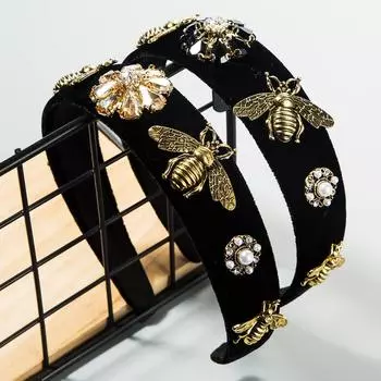 Женская повязка на голову в стиле древнего суда в стиле барокко, повязка на голову с пчелой и широкими полями, золотая бархатная пуговица, обруч для волос OneSize чёрный