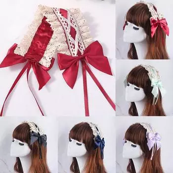Женская повязка на голову в стиле Лолиты с рюшами, милая кружевная лента с бантом, повязка на голову с бантом, японский аниме-костюм горничной, головной убор Free size красный