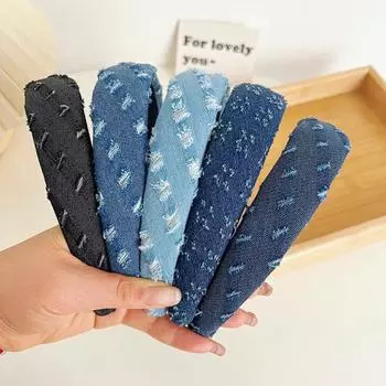 Женская повязка на голову, винтажная широкая эластичная рваная джинсовая повязка, противоскользящая декоративная женская обруч для волос синий