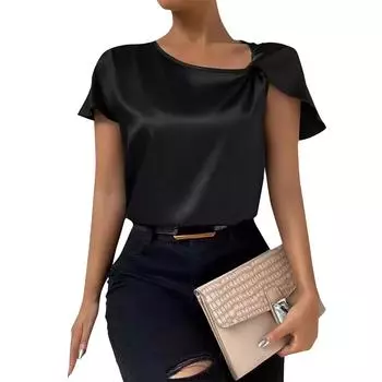 Женская повседневная элегантная атласная плиссированная однотонная свободная верхняя рубашка с баской, женская рубашка с асимметричным воротником и деталями L чёрный
