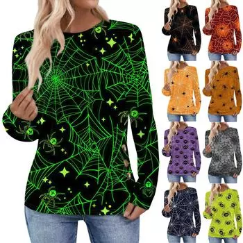 Женская повседневная элегантная удобная модная футболка с круглым вырезом Топ с принтом на Хэллоуин XXXL