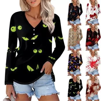 Женская повседневная элегантная удобная модная футболка с V-образным вырезом и принтом на Хэллоуин M
