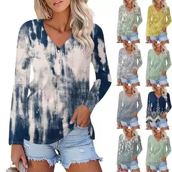 Женская повседневная элегантная удобная модная футболка с V-образным вырезом и разноцветным принтом XXL серый