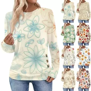 Женская повседневная элегантная удобная модная футболка с круглым вырезом и цветочным принтом, топ S шафрановый
