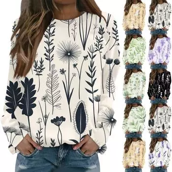 Женская повседневная элегантная удобная модная футболка с круглым вырезом и цветочным принтом, топ L чёрный