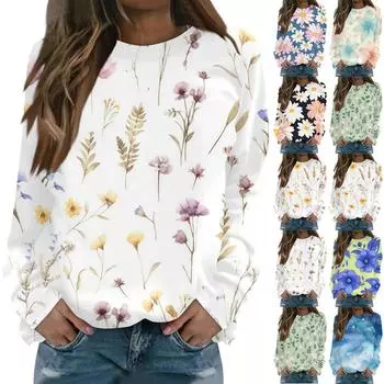 Женская повседневная элегантная удобная модная футболка с круглым вырезом и цветочным принтом, топ XXXL синий