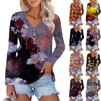 Женская повседневная элегантная удобная модная футболка с V-образным вырезом и принтом на Хэллоуин XXXL