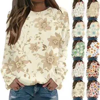 Женская повседневная элегантная удобная модная футболка с круглым вырезом и цветочным принтом, топ L оранжевый