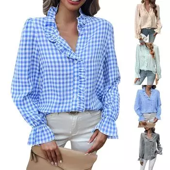 Женская повседневная элегантная удобная рубашка с круглым вырезом и длинным рукавом, контрастного цвета, с клетчатым принтом L чёрный