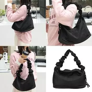 Женская повседневная эстетическая нейлоновая сумка подмышкой, модная плиссированная сумка на плечо с завязками, регулируемый ремень, сумка через плечо чёрный