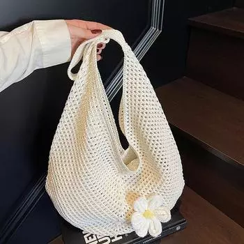 Женская повседневная ажурная плетеная женская сумка ручной работы с цветочным декором, большая вместимость, женская сумка через плечо для летнего пляжа 47x2x49cm бежевый