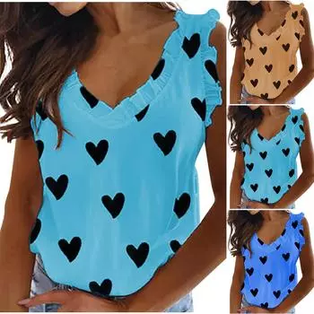 Женская повседневная блузка без рукавов с v-образным вырезом, свободный пуловер с принтом, майки L синий