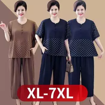 Женская повседневная блузка больших размеров, брюки с завышенной талией, костюм больших размеров, летний свободный костюм-двойка для людей среднего и пожилого возраста 7XL темно-синий