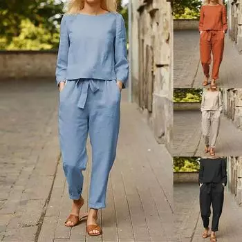 Женская повседневная блузка и брюки, хлопковый комплект из двух предметов, однотонная свободная женская одежда S чёрный