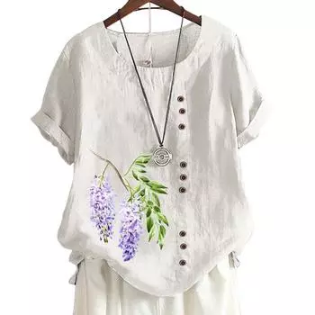Женская повседневная блузка из хлопка и льна с 6 принтами, круглым вырезом и короткими рукавами, S-5XL S