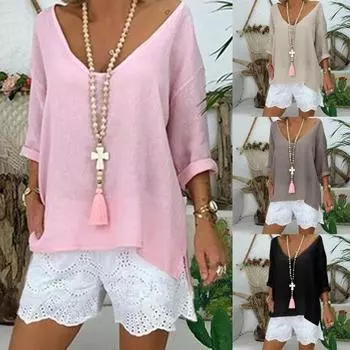 Женская повседневная блузка, однотонная свободная футболка с глубоким V-образным вырезом и рукавами 3/4