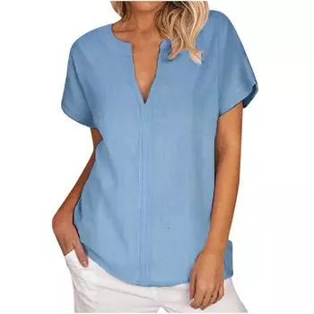 Женская повседневная блузка, повседневная универсальная рубашка с короткими рукавами из хлопка и льна с V-образным вырезом S