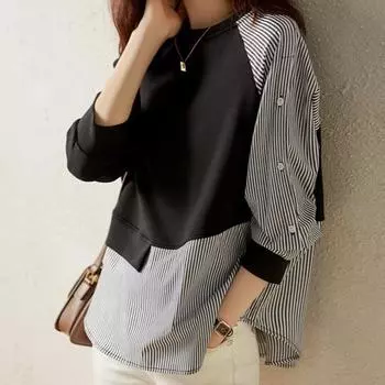 Женская повседневная блузка-пуловер с длинными рукавами в полоску из двух частей S чёрный