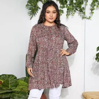 Женская повседневная блузка с длинным рукавом и круглым вырезом с цветочным принтом 3XL тёмно-синий