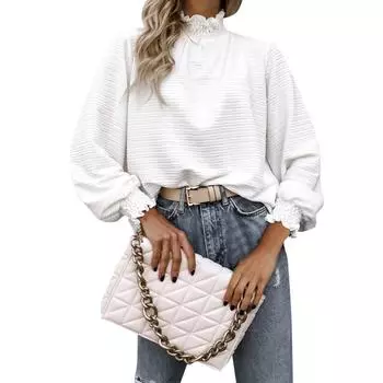 Женская повседневная блузка с длинным рукавом и круглым вырезом из шамбре XXL белый