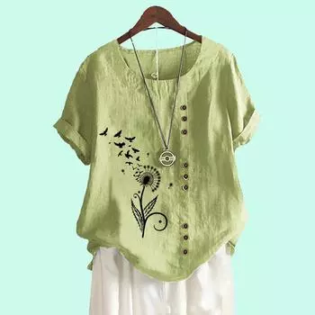 Женская повседневная блузка с коротким рукавом Laides из хлопка и льна, модная свободная футболка с цветочным принтом S коричневый