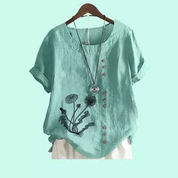 Женская повседневная блузка с короткими рукавами, топ из хлопка и льна, модная свободная футболка с цветочным принтом S коричневый