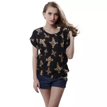 Женская повседневная блузка с круглым вырезом и коротким рукавом, цветочный шифоновый принт, женская свободная футболка S бежевый